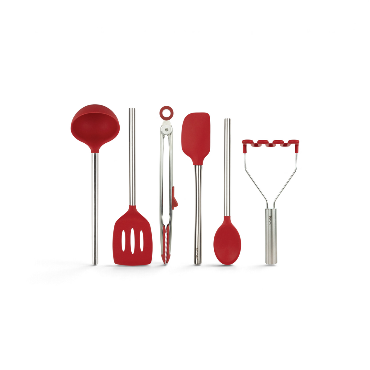 The tovolo Silicone and Stainless Steel Utensil Set of 6 features red, non-scratch, heat-resistant ladle, slotted spatula, tongs, spatula, spoon, and potato masher—arranged side by side on a white background.
