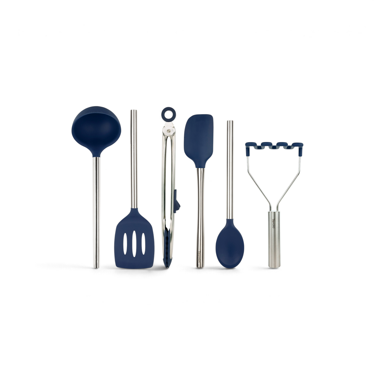 The tovolo Silicone and Stainless Steel Utensil Set of 6 features heat-resistant, non-scratch dark blue heads—ladle, slotted spatula, tongs, spatula, spoon, and potato masher—with stainless steel handles arranged neatly on a white background.