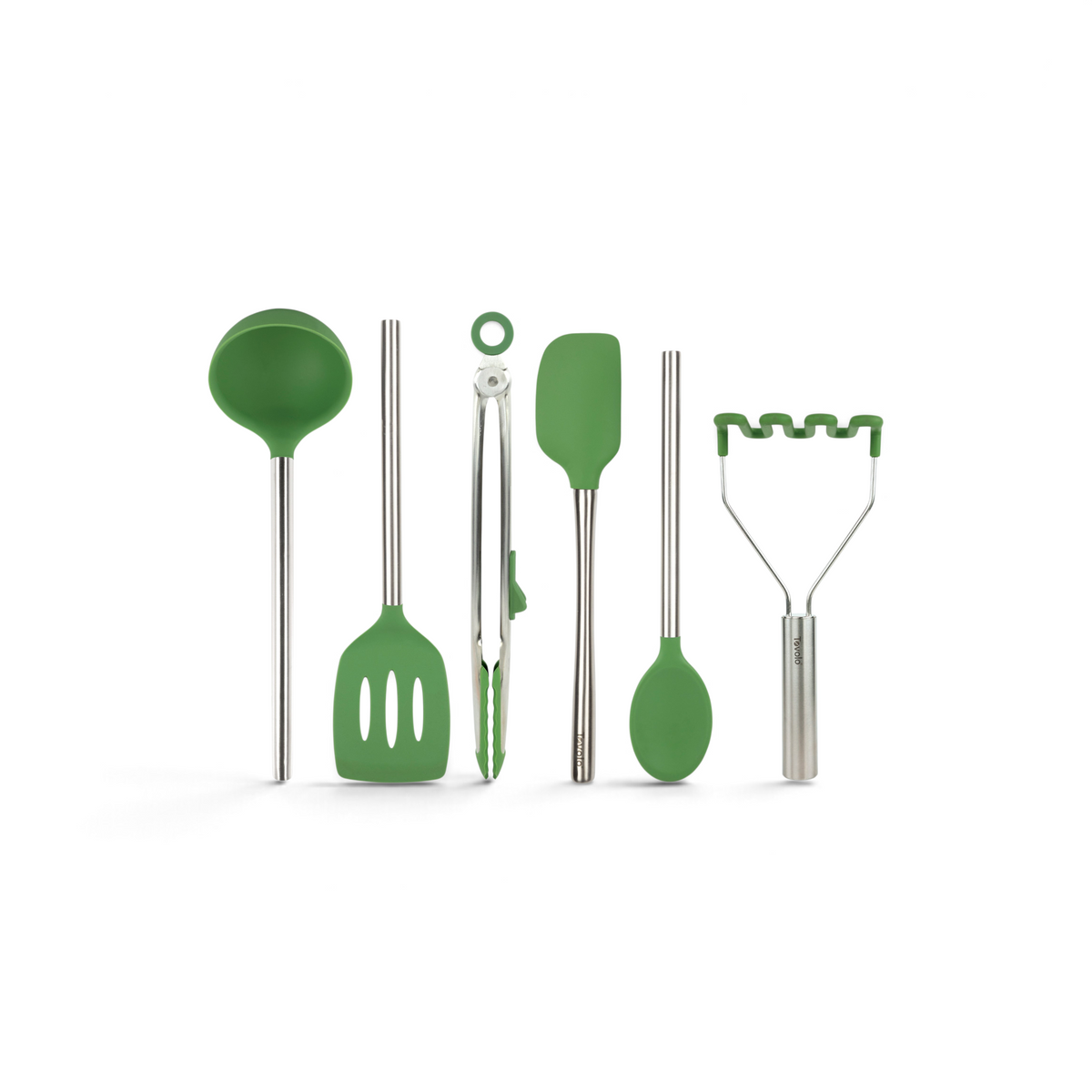 The tovolo Silicone and Stainless Steel Utensil Set of 6 features heat-resistant, green non-scratch silicone heads and stainless steel handles. Includes a ladle, slotted spatula, tongs, spatula, spoon, and potato masher.