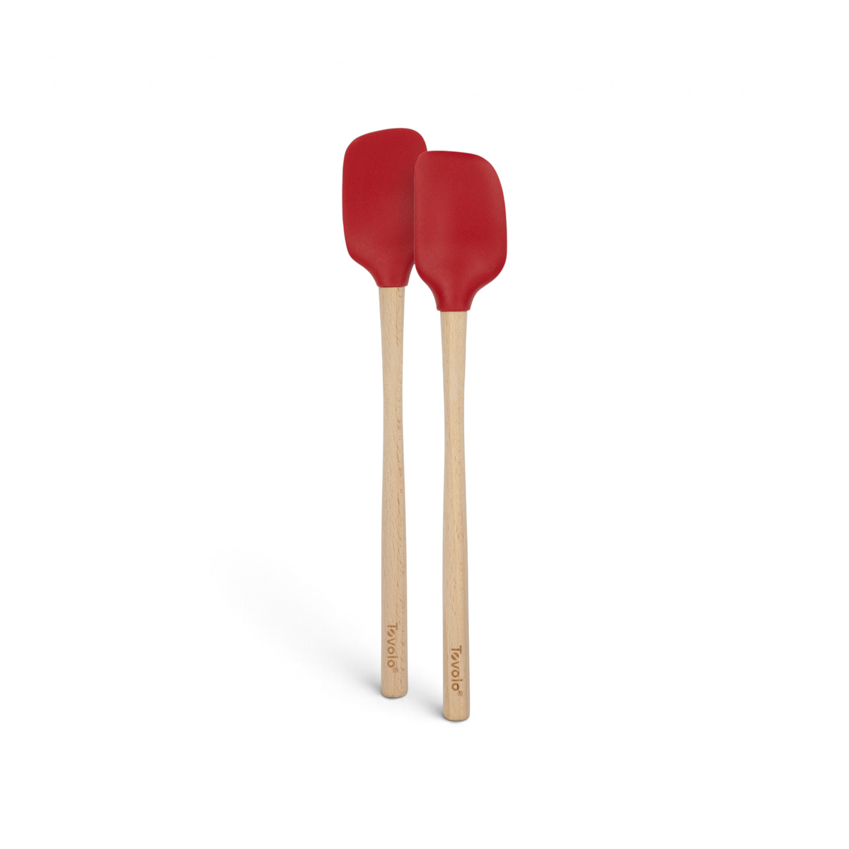 The tovolo Flex-Core Silicone Mini Spatula and Spoonula, featuring red silicone heads and light wooden handles, are placed side by side on a white background.
