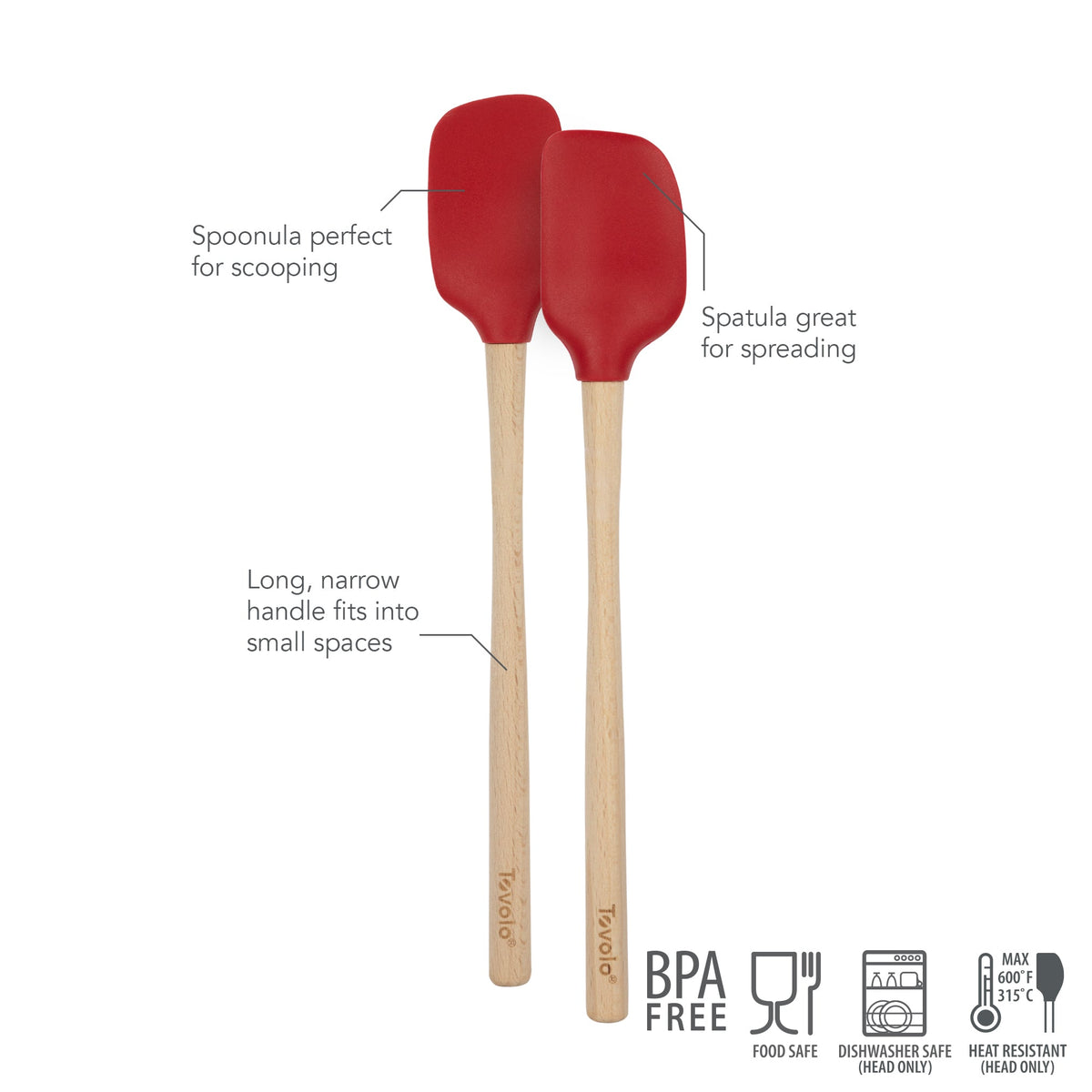 The tovolo Flex-Core Silicone Mini Spatula + Spoonula set features two red utensils with wooden handles, both BPA-free, food safe, dishwasher safe, and heat-resistant—ideal for scooping or spreading in any kitchen.