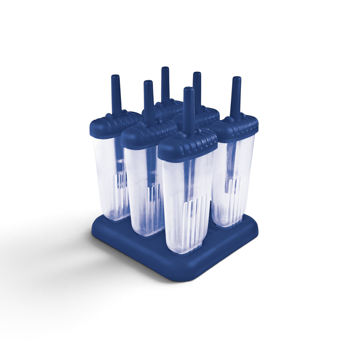 Tovolo Groovy Pop Molds set with six clear popsicle molds and a blue slimline tray for easy freezer storage.
