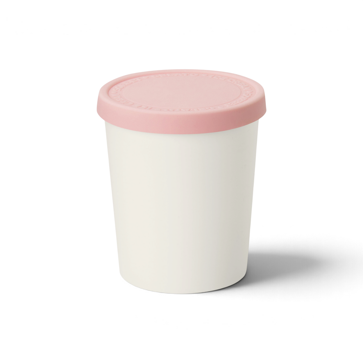 The Sweet Treats Tub is a white cylindrical homemade ice cream container with a light pink silicone flat lid, shown against a white background—perfect for preventing freezer burn.