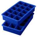 Two tovolo Perfect Cube Silicone Ice Molds in blue, each with fifteen large square compartments, are stacked on a white background.