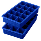 Two blue Perfect Cube Ice Molds, each with 15 square compartments, stacked together. These silicone trays are durable for long-lasting ice and feature the brand name embossed on the sides.