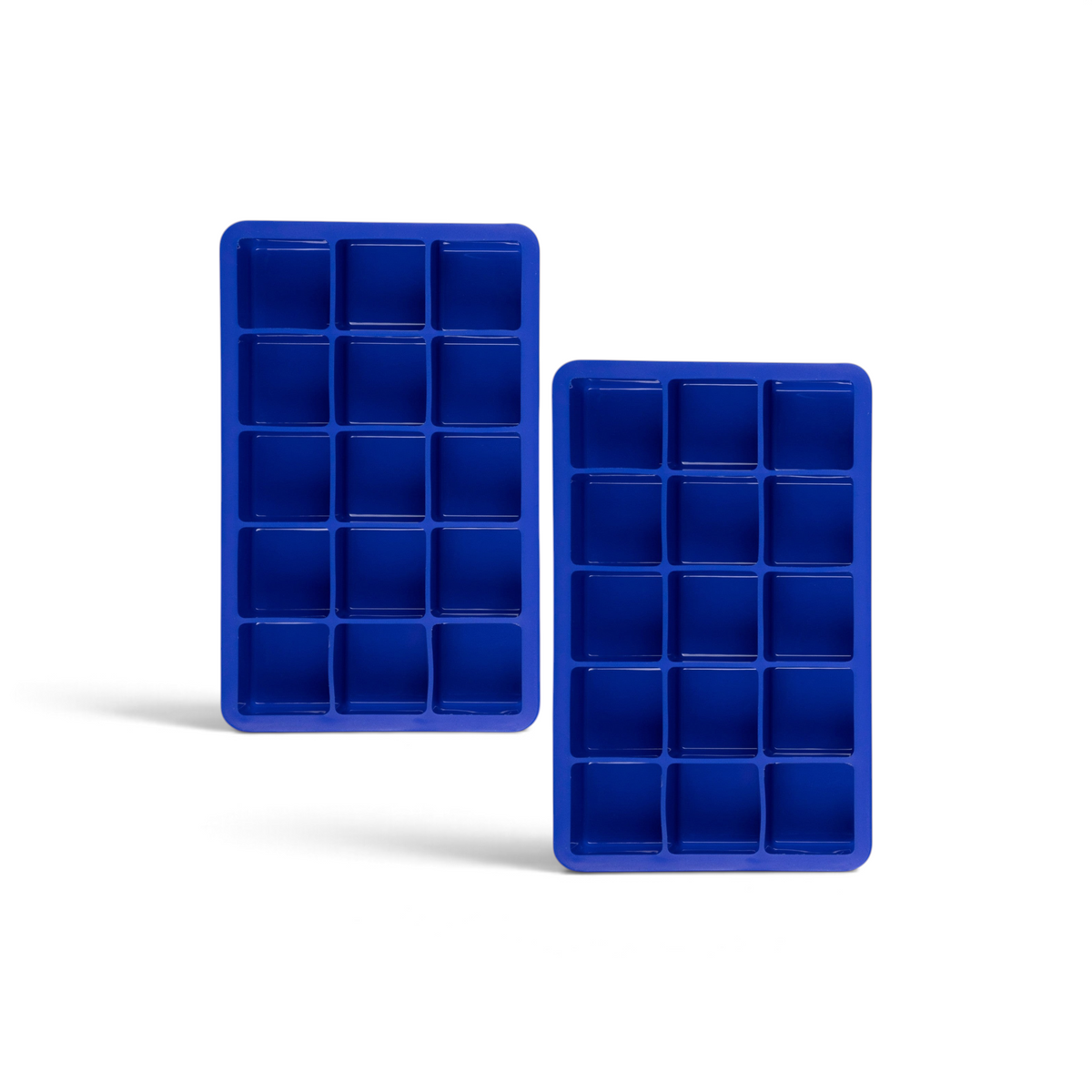 Two tovolo Perfect Cube Silicone Ice Molds (Set of 2), each with 15 square compartments, crafted from food-grade silicone in blue, are displayed side by side on a white background.