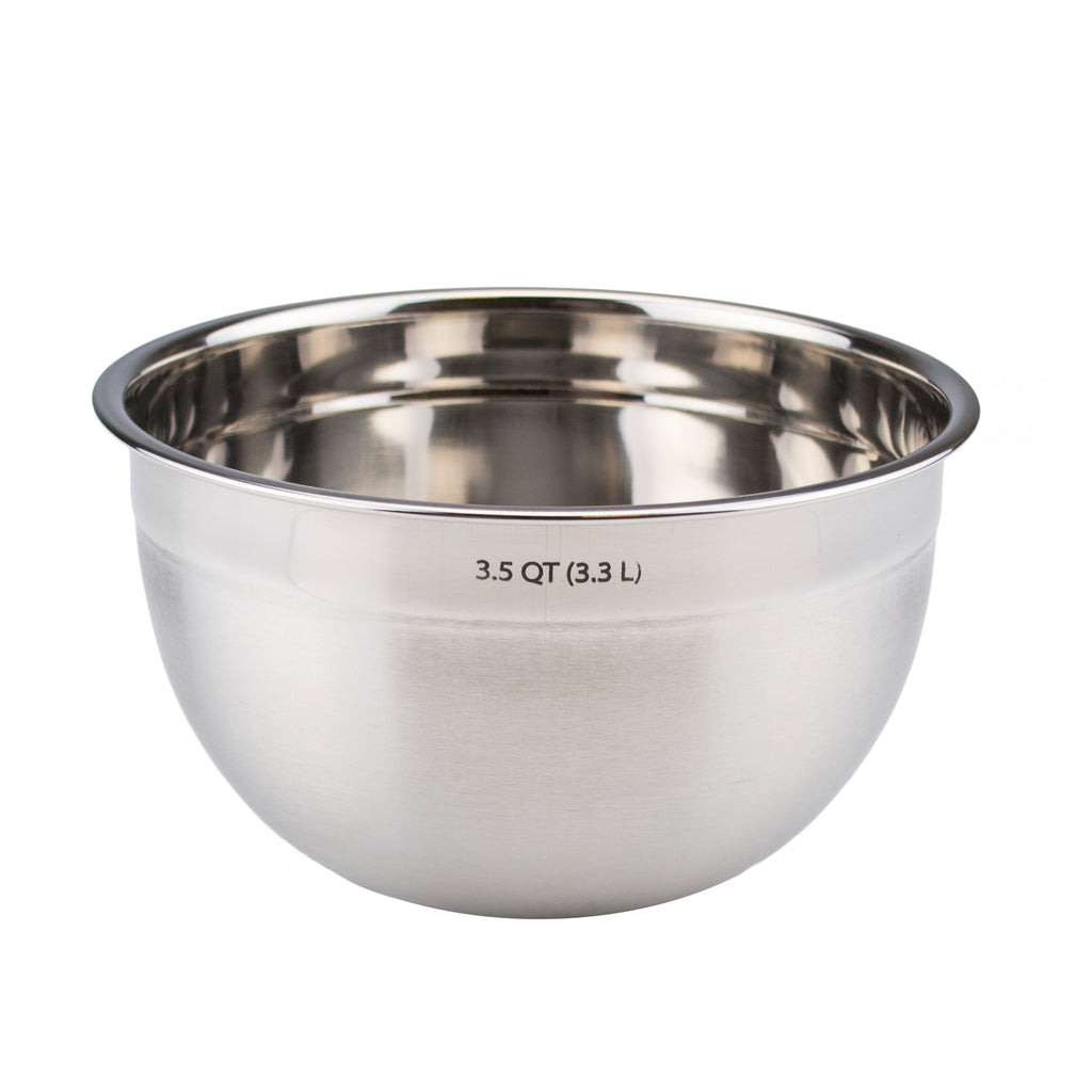 The Mixing Bowl is made of durable stainless steel with a shiny finish and features a 3.5 QT (3.3 L) measurement marking on the side, ideal for everyday kitchen use.