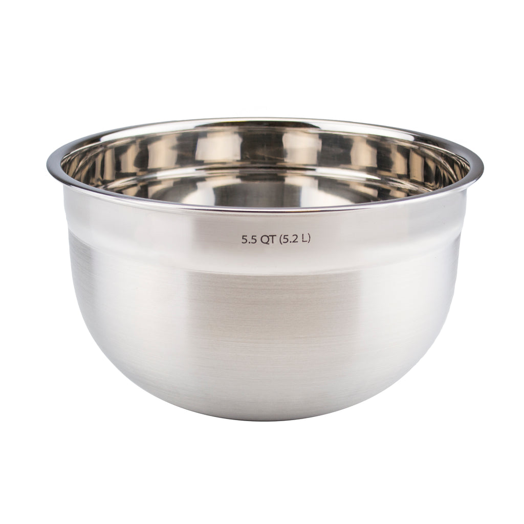 The Mixing Bowl features a shiny, durable stainless steel body with a reflective surface, easy-pour design, and is labeled 5.5 QT (5.2 L) on the side.