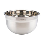 The Mixing Bowl features a shiny, durable stainless steel body with a reflective surface, easy-pour design, and is labeled 5.5 QT (5.2 L) on the side.