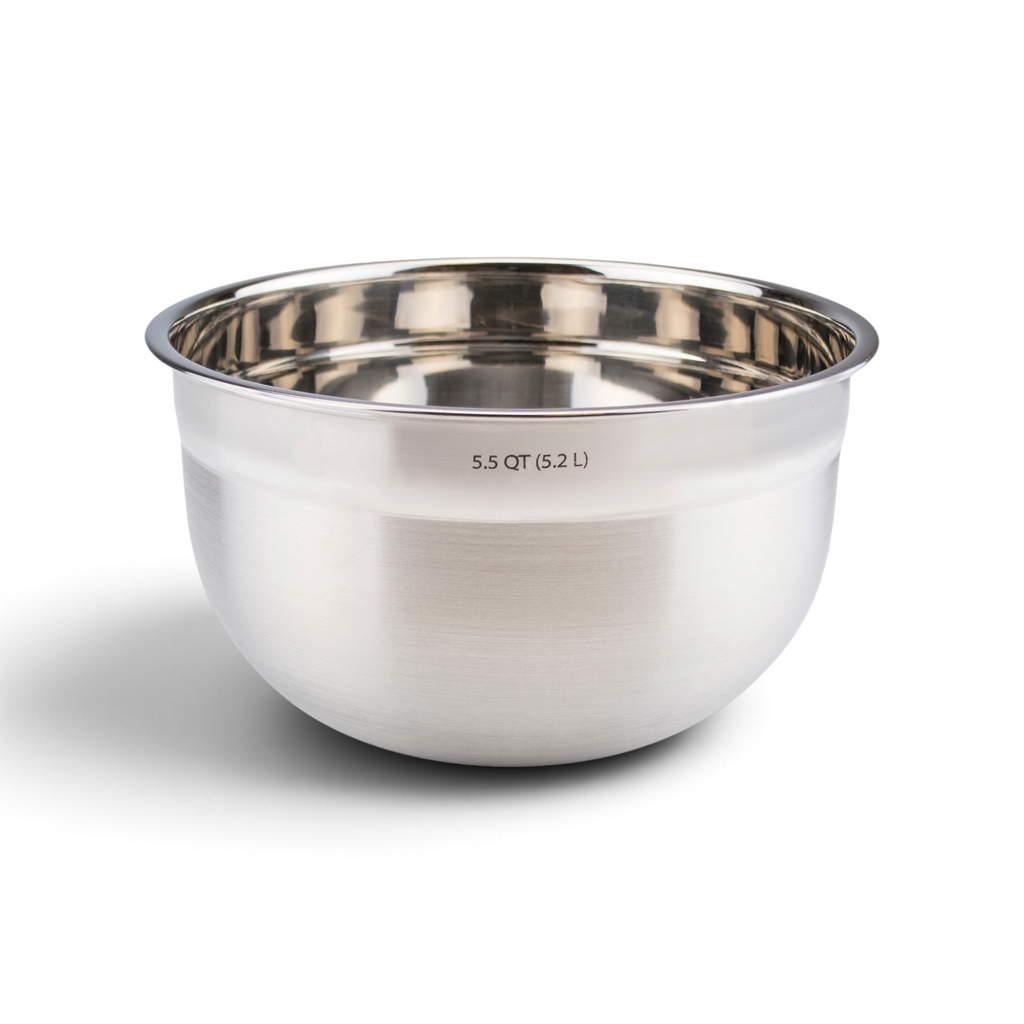 The tovolo Stainless Steel Mixing Bowl Set features a durable bowl with a polished interior, brushed exterior, and “5.5 QT (5.2 L)” label—ideal for any kitchen task.