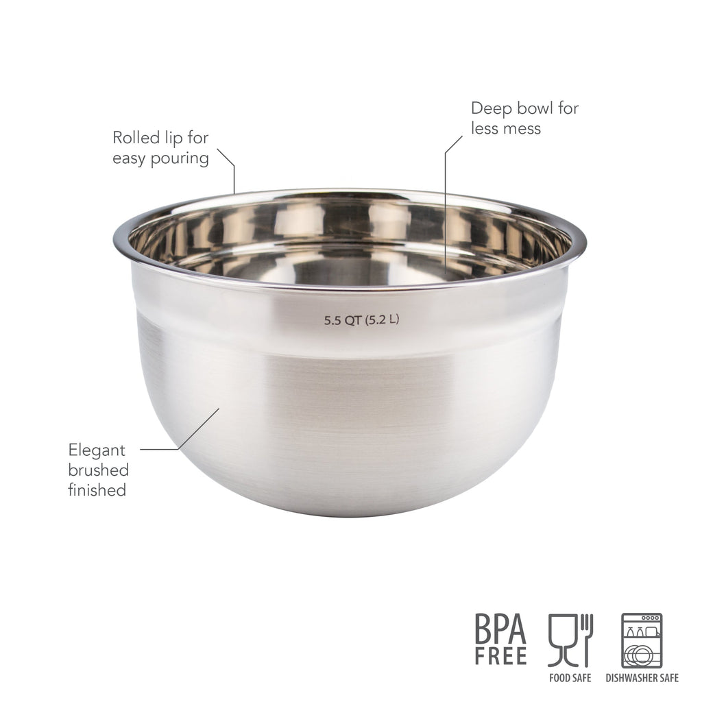 The tovolo Stainless Steel Mixing Bowl Set features a brushed finish, rolled lip for easy pouring, deep design to reduce mess, and 5.5 QT (5.2 L) capacity. BPA free, food safe, and dishwasher safe—durable and essential for any kitchen.