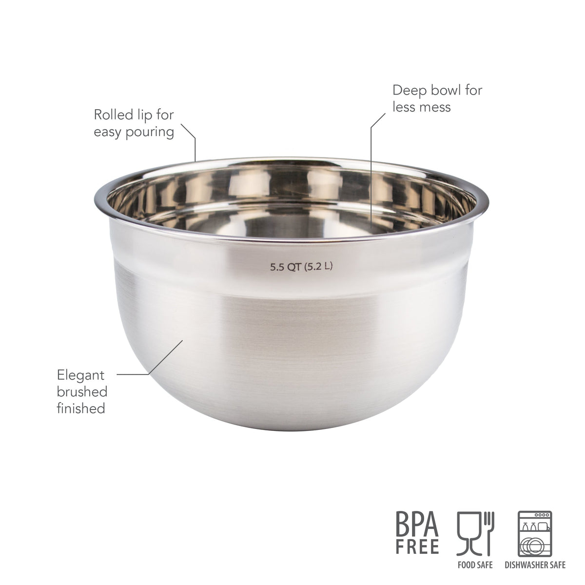 The tovolo Stainless Steel Mixing Bowl Set features a brushed finish, rolled lip for easy pouring, deep design to reduce mess, and 5.5 QT (5.2 L) capacity. BPA free, food safe, and dishwasher safe—durable and essential for any kitchen.