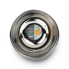 A shiny, stainless steel mixing bowl from tovolo’s Stainless Steel Mixing Bowl Set is shown from above. Its label displays a cracked egg and flour mixture, highlighting it as an easy-pour bowl ideal for any kitchen task.