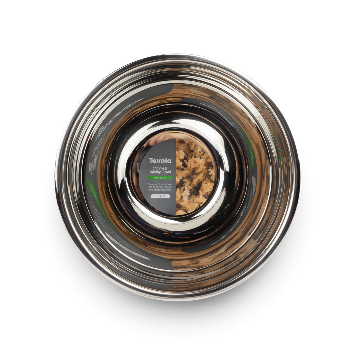 A top view of the durable tovolo Stainless Steel Mixing Bowl 7.5 QT, featuring a center label with the brand name and an image of cookie dough.