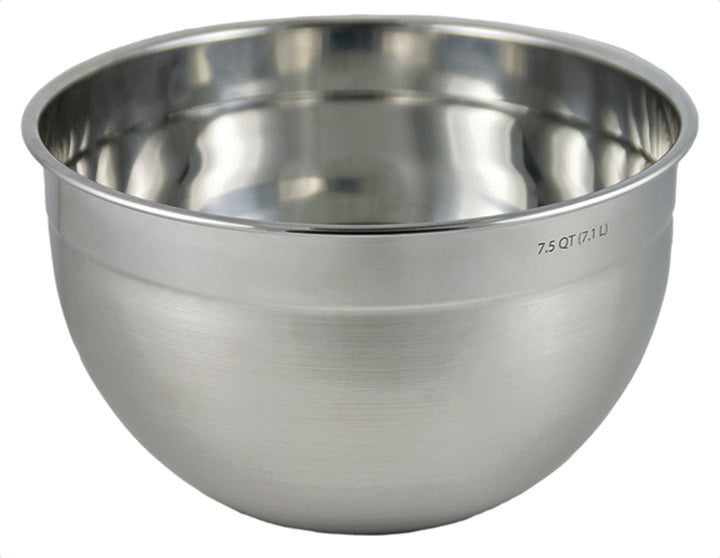 The tovolo Stainless Steel Mixing Bowl 7.5 QT is large and durable, featuring a brushed finish, easy-pour rim, and clearly marked 7.5-quart capacity on the side.