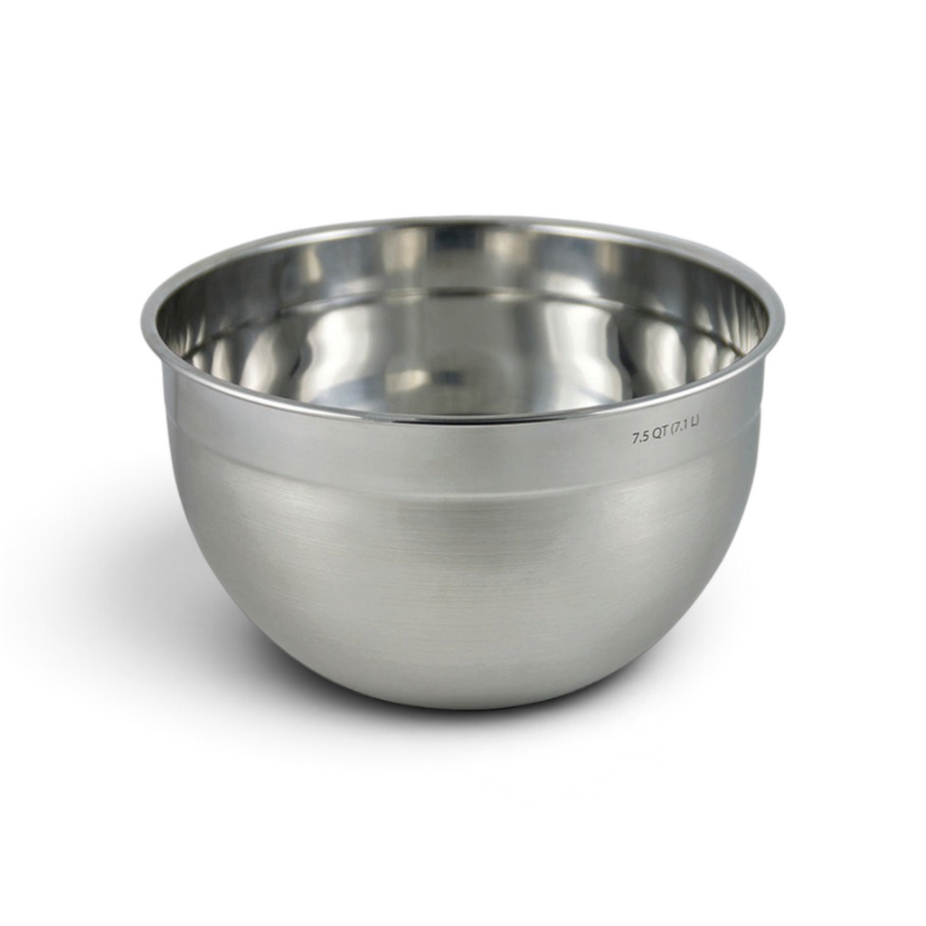 The tovolo Stainless Steel Mixing Bowl 7.5 QT is large and durable, featuring a brushed finish, easy-pour rim, and clearly marked 7.5-quart capacity on the side.