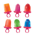 Six vibrant popsicles in orange, pink, red, light orange, green, and blue sit on pink plastic ring bases—arranged in two rows on a white background—perfect for homemade treats with Pop Molds.