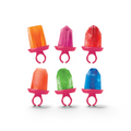 Six vibrant popsicles in orange, pink, red, light orange, green, and blue sit on pink plastic ring bases—arranged in two rows on a white background—perfect for homemade treats with Pop Molds.