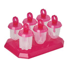 The Jewel Pop Molds set includes six pink and clear plastic popsicle molds with round handles, neatly arranged on a matching slim tray—ideal for creating homemade frozen treats.