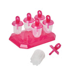 The Jewel Pop Molds set includes a pink and clear slimline tray with five popsicle molds featuring ring-shaped handles. One handle is detached and placed next to the tray, making it perfect for homemade frozen treats.