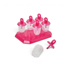 The Jewel Pop Molds set includes a pink and clear slimline tray with five popsicle molds featuring ring-shaped handles. One handle is detached and placed next to the tray, making it perfect for homemade frozen treats.