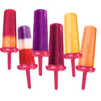 Six vibrant frozen treats in different flavors and layers, each with a pink handle, arranged in a row. These popsicles were made with Star Pop Molds for fun shapes and easy release.