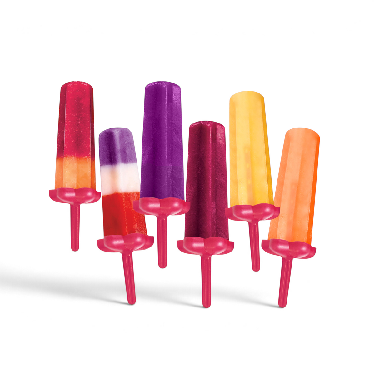 Six vibrant frozen treats in different flavors and layers, each with a pink handle, arranged in a row. These popsicles were made with Star Pop Molds for fun shapes and easy release.