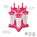 The Star Pop Molds feature six translucent popsicle molds with pink drip guard handles, set in a slim tray with a pink star-shaped base. Each 4 oz. mold is BPA-free, dishwasher safe, and sits securely for easy frozen treat making.