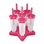 The Star Pop Molds set includes six clear popsicle molds with bright pink handles on a pink star-shaped slimline tray, perfect for making delicious homemade frozen treats.