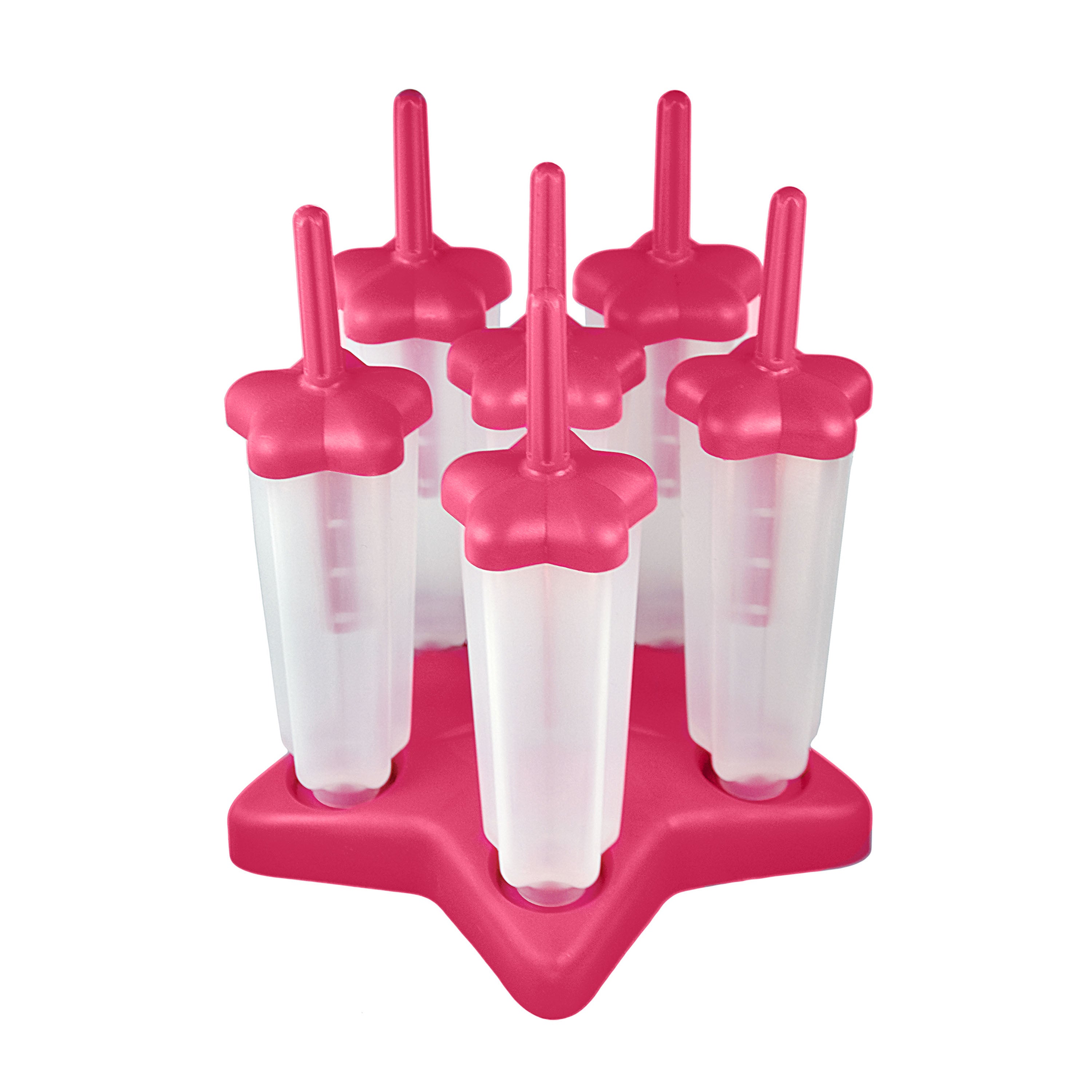 The Star Pop Molds set includes six clear popsicle molds with bright pink handles on a pink star-shaped slimline tray, perfect for making delicious homemade frozen treats.