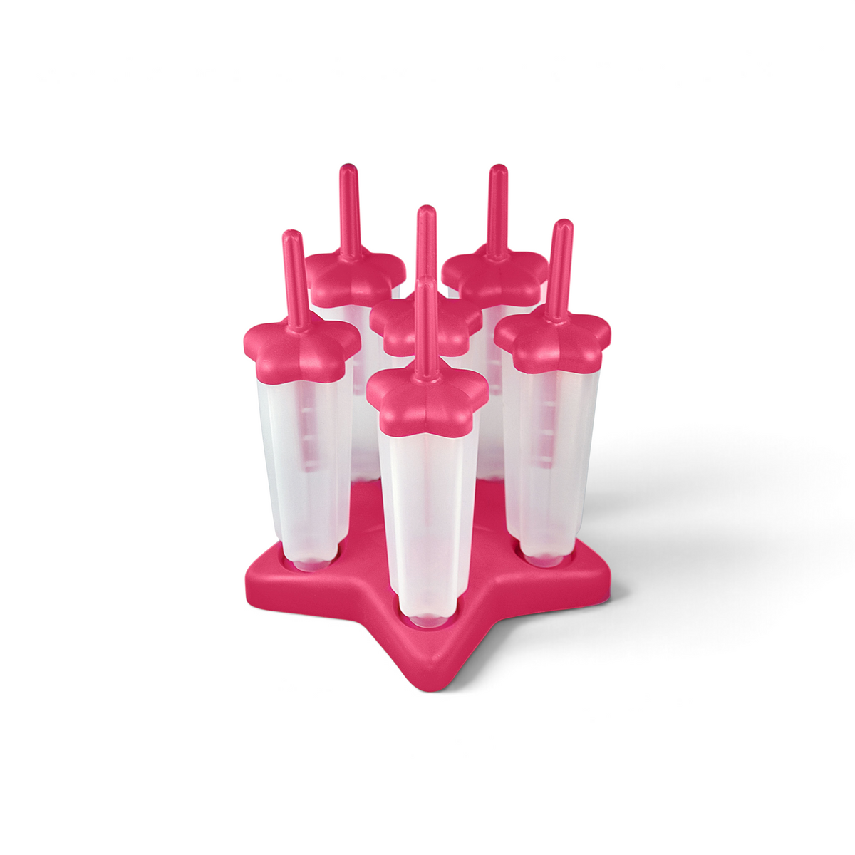 The Star Pop Molds set includes six clear popsicle molds with bright pink handles on a pink star-shaped slimline tray, perfect for making delicious homemade frozen treats.