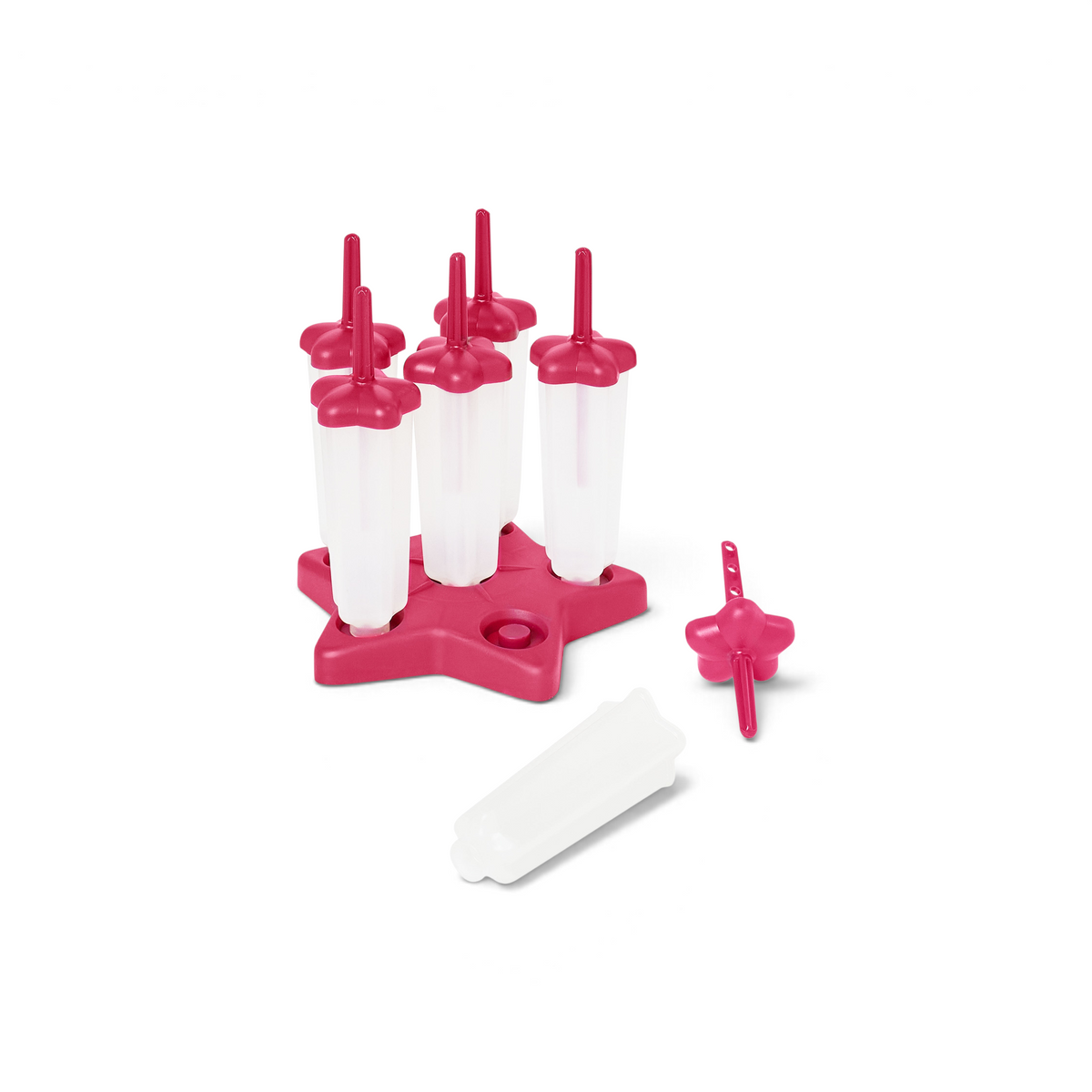 The Star Pop Molds set includes six red and white star-shaped popsicle molds, each with a red stick in a slim tray, plus one mold and stick shown separately—perfect for making fun frozen treats at home.