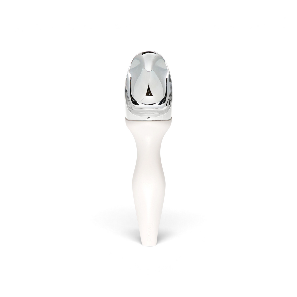 The Tilt Up Ice Cream Scoop features a wide, shiny silver zinc alloy head and a smooth white ergonomic handle for easy scooping, displayed against a plain white background.