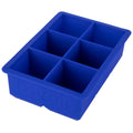 The King Cube Ice Mold is a blue silicone tray with six large square compartments, perfect for making big ice cubes, shown from an angled top view.
