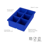 The tovolo King Cube Silicone Ice Mold features six 2-inch compartments for large ice cubes. Made of sturdy, BPA-free silicone with a beveled bottom for easy release. Food and dishwasher safe; long-lasting blue color.