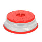 The Collapsible Microwave Food Cover is made of high heat-resistant plastic, features a red and clear design, vented lid, and top handle to prevent splatters while heating food.
