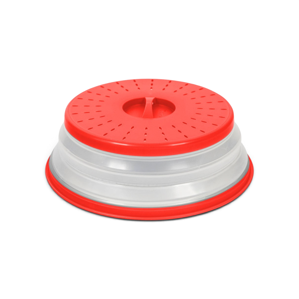 The Collapsible Microwave Food Cover is made of high heat-resistant plastic, features a red and clear design, vented lid, and top handle to prevent splatters while heating food.