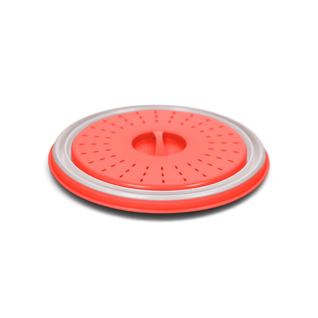 The Collapsible Microwave Food Cover is a red and white, round, high heat-resistant plastic cover with a central handle and vent holes to prevent splatters while heating food.