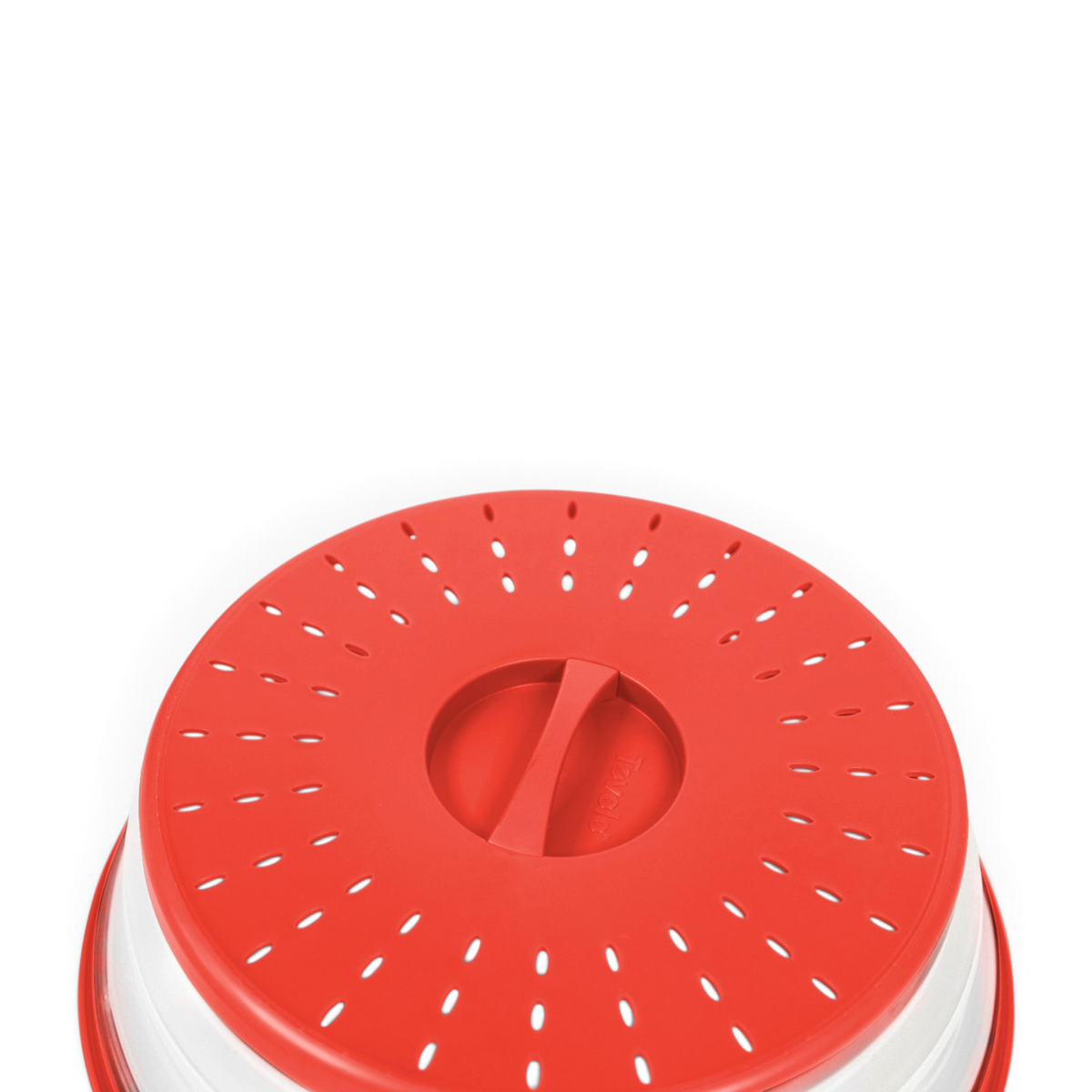 A close-up of the Collapsible Microwave Food Cover shows its red vented lid with handle and ventilation holes, made from high heat-resistant plastic, against a white background.