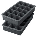 The tovolo Perfect Cube Silicone Ice Molds (Set of 2) are black, food-grade trays, each with fifteen square compartments for making long-lasting ice cubes.