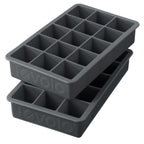 The tovolo Perfect Cube Silicone Ice Molds (Set of 2) are black, food-grade trays, each with fifteen square compartments for making long-lasting ice cubes.