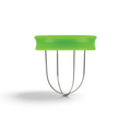 The Kiwi Tool is a green kitchen gadget with a rounded plastic top and four metal prongs, designed to safely hold fruits or vegetables like kiwi while you slice them.