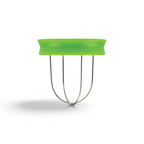 The Kiwi Tool is a green kitchen gadget with a rounded plastic top and four metal prongs, designed to safely hold fruits or vegetables like kiwi while you slice them.