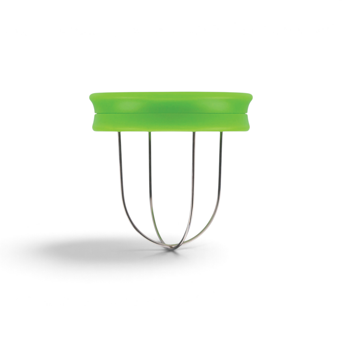 The Kiwi Tool is a green kitchen gadget with a rounded plastic top and four metal prongs, designed to safely hold fruits or vegetables like kiwi while you slice them.