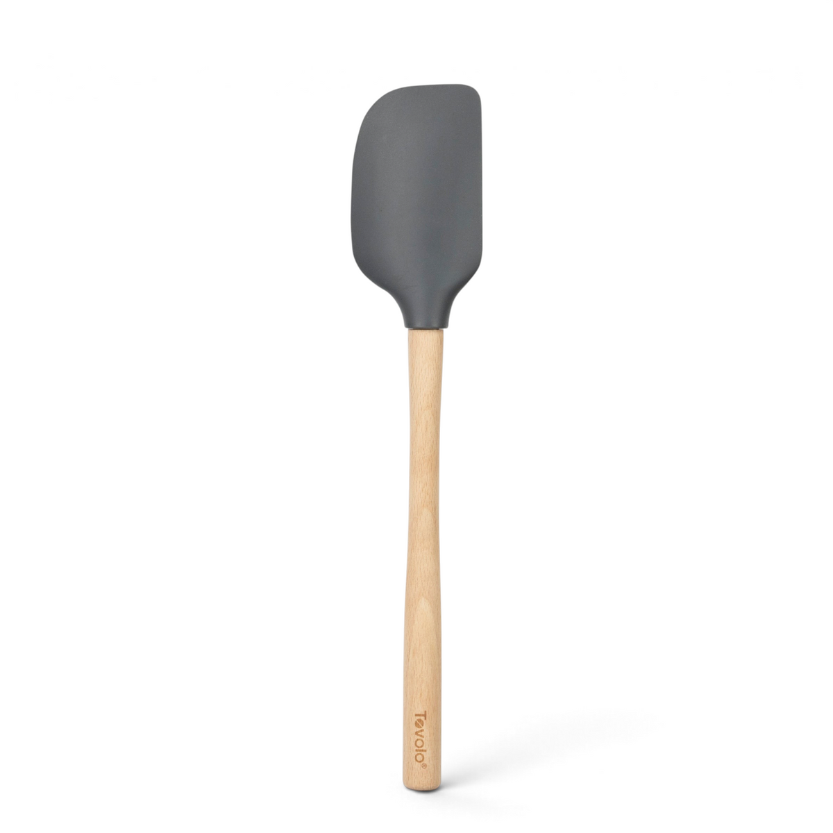The Flex-Core Spatula features a durable, dark gray silicone head and a light wooden handle, displayed on a white background.