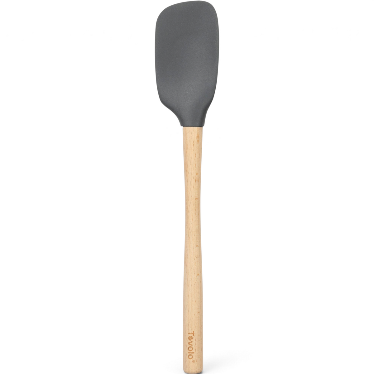 The tovolo Flex-Core Silicone Spoonula, featuring a gray rectangular head and a light wooden handle, is shown vertically on a white background.