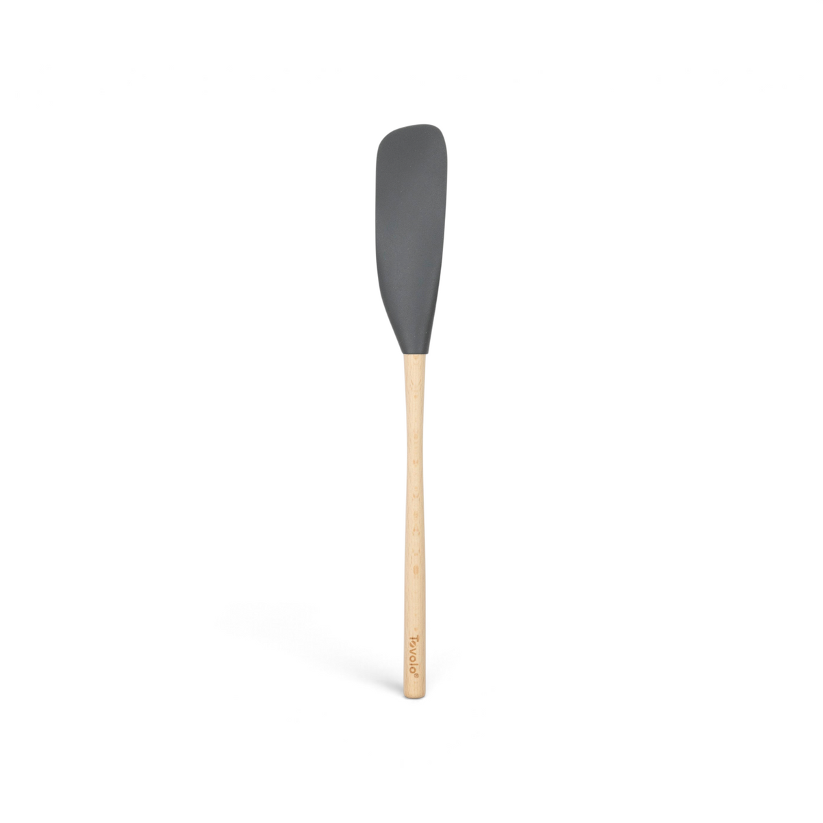 The tovolo Flex-Core Silicone Jar Scraper features a long light wooden handle and a wide, flexible dark gray head—perfect for mixing, scraping, or reaching into jars during cooking and baking.