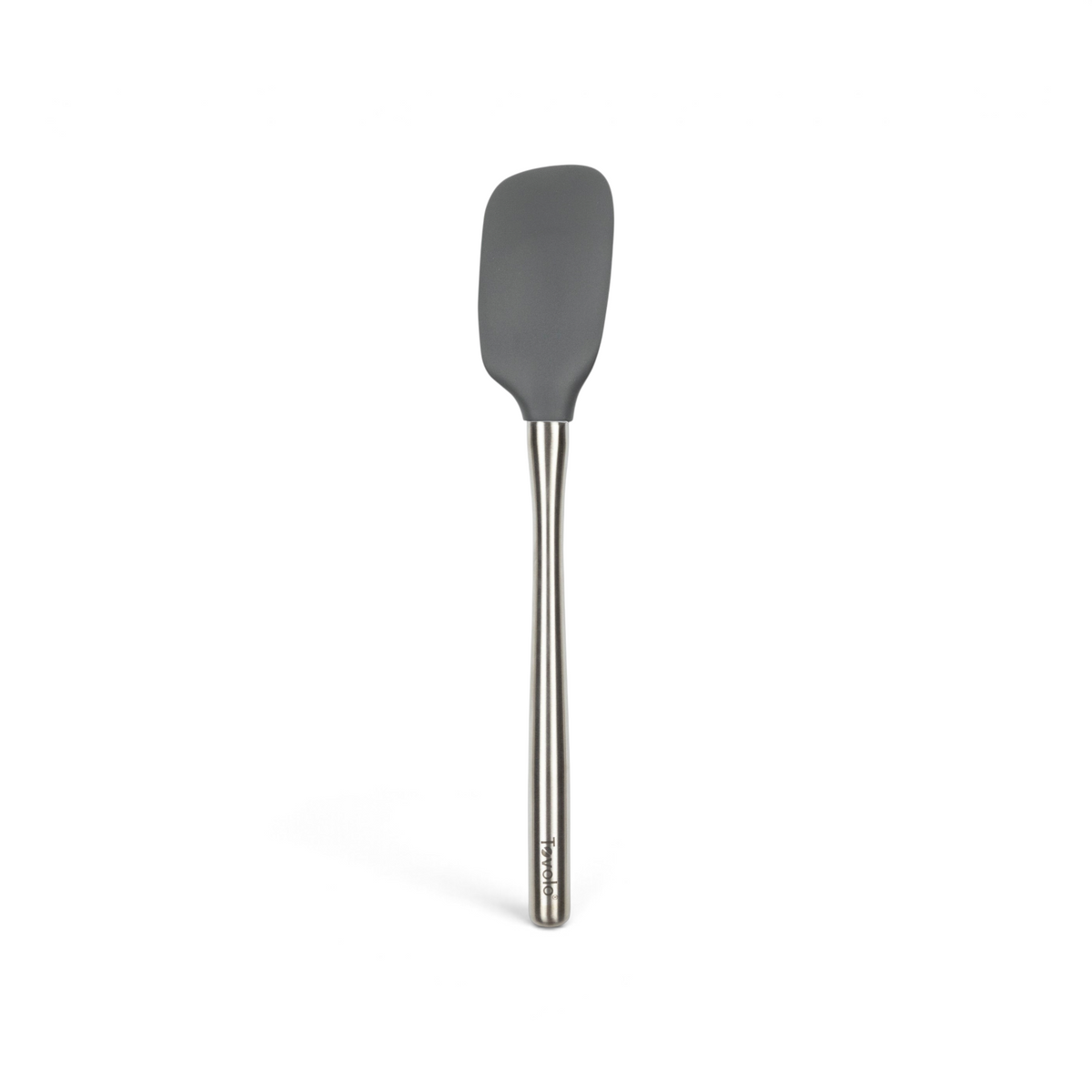 The tovolo Flex-Core Silicone Spoonula, featuring a gray silicone head and a long stainless steel handle, is displayed against a white background.