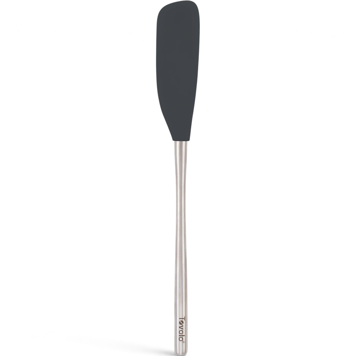 The tovolo Flex-Core Silicone Jar Scraper features a black, flexible silicone head and a long stainless steel handle, ideal for scraping jars. Shown against a white background.