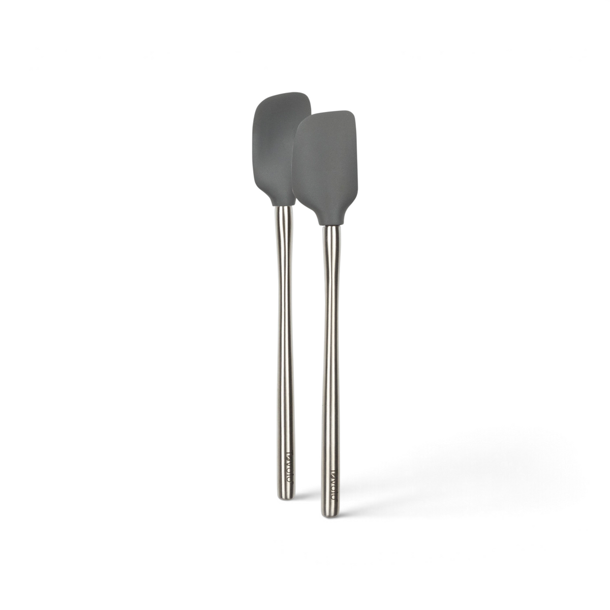 The tovolo Flex-Core Mini Spatula + Spoonula set features two gray silicone tools with long stainless steel handles, shown side by side on a white background.